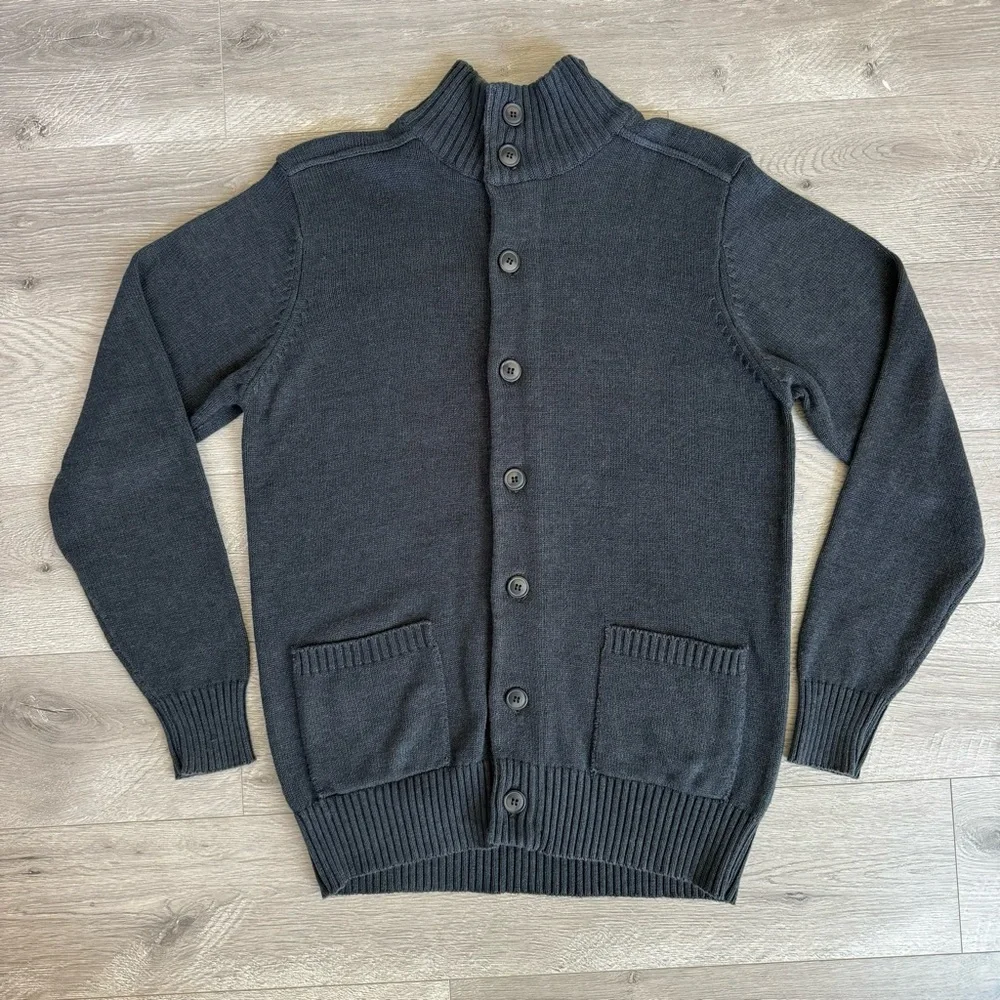 Oscar de la Renta Funnel Mock Neck Button Front Cardigan Academia Gray Sz M